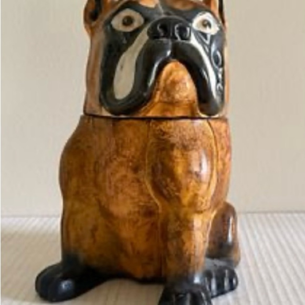 1960’s Danish Glazed Leather Sculpture & Ceramic Bulldog Dog Treat Cookie Jar